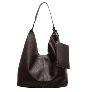 Large brown soft faux leather hobo tote bag with matching detachable pouch on white background