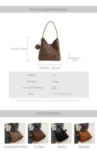 Size chart and details of the leopard print faux suede tote bag with dimensions