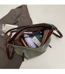 Large capacity green tweed tote bag with leather straps showing tablet and items inside