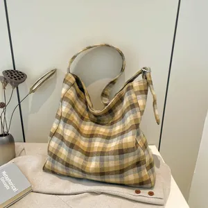 Women Retro Plaid Fabric Tote Bag Large Capacity Checkered Shoulder Bag Vintage Casual Underarm Handbag Daily Travel Purse
