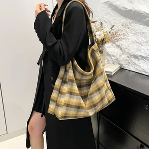 Large yellow and gray plaid tote bag for women, stylish oversized shoulder handbag