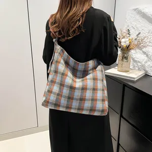 Classic large plaid tote bag in blue and brown for women's autumn winter fashion outfit