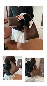 Detailed set of brown suede shoulder tote bag with matching pouch and mini charm