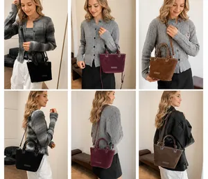 Vues multiples des sacs seau en suède avec poignées nouées et bandoulières réglables