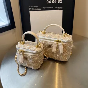 Women Vintage Tweed Crossbody Bag Luxury Sequins Camellia Chain Strap Handbag Small Vanity Box Bag For Party Wedding Everyday