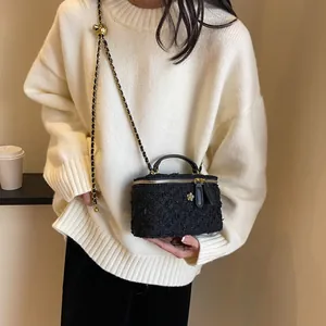 Chic black tweed small square bag with gold camellia charm and chain strap for women