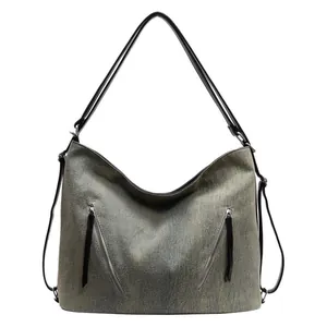 Minimalist grey-green textured tote bag with dual front zippers and black straps