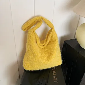 Grote Capaciteit Pluche Geruite Tote Bag Voor Vrouwen Herfst Winter Zachte Wol Tweed Schoudertas Hobo Handtas Reizen Werk