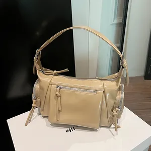 Sac Sous le Bras en Cuir PU Lavé Vintage pour Femmes Multi Fermetures Éclair Y2K Sac à Épaule Bandoulière Fonctionnel