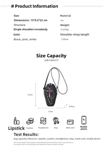 Detailed size chart for gothic coffin crossbody bag with dimensions and capacity info