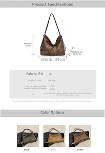 Detailed size specifications for a retro large capacity PU tote bag with dimensions shown