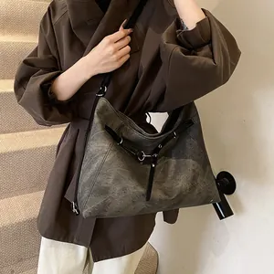 Vintage large capacity crossbody tote bag in dark olive green with retro metal hardware