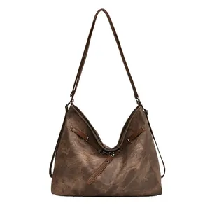 Vintage brown large capacity leather Hobo tote bag with adjustable shoulder straps