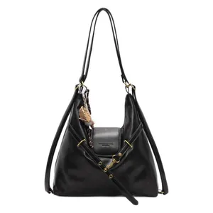 Mochila grande de cuero negro para mujer con correas ajustables y colgante de guante