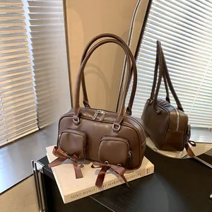Women Retro Bow Underarm Bag PU Leather Shoulder Bag Double Pocket Commuting Handbag Vintage Fashion Zipper Purse