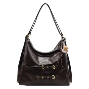 Dark brown retro tote bag in glossy oil wax leather with decorative gold buckles