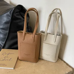 Women's Minimalist PU Leather Crossbody Phone Bag Lychee Texture Small Vertical Tote Bag With Adjustable Strap Front Pocket Handbag
