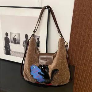 Sac Fourre-Tout en Velours Côtelé Grande Capacité Femmes Rétro Chat Chien Broderie Sac à Épaule Sac à Dos École Décontracté