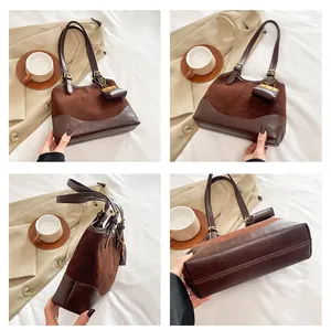 Detailed four-angle view of brown suede bucket bag with leather trim and mini pouch