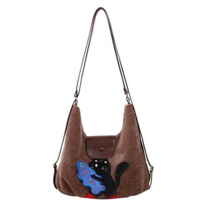 Sac cabas vintage en toile marron avec broderie chat et bandoulières en cuir