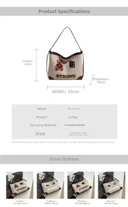 Detailed size and material specs for canvas tote bag with cute bear embroidery and patches