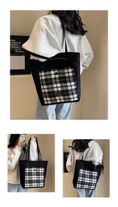 Detail of plush lamb wool tote bag with black and yellow checkered pocket for winter wear