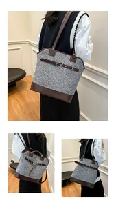 Detailed views of gray tweed tote bag showing shoulder, crossbody, and backpack styling