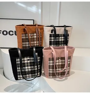 Detailed collection of plush checkered tote bags in four colors on a tiered white stand