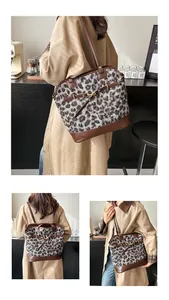 Detailed views of leopard print tote showing shoulder, hand, and backpack carrying styles