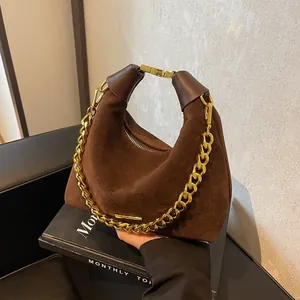 Women Fashion Suede Hobo Bag Vintage Half Moon Crossbody Bag With Gold Chain Strap Commute Small Handbag Shoulder Bag
