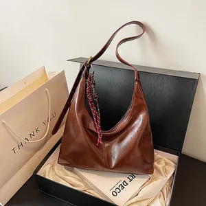 Women Large Capacity PU Leather Shoulder Bag Retro Hobo Bag With Braided Rope Ornament Solid Color Tassel Handbag For Daily Commute