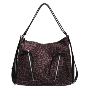Bolso de hombro de leopardo para mujer con lazos negros y dobles cremalleras frontales