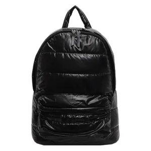 Large black quilted puffer backpack in glossy nylon with front zipper and top handle