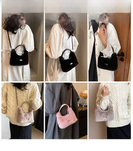 Detail of faux fur handbags in four colors shown on models for style and size reference