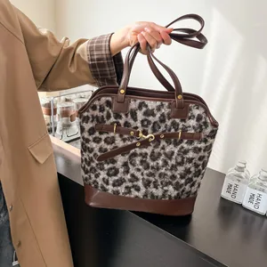 Retro Leopard Plaid Woolen Tote Bag Women Large Capacity Shoulder Bag Vintage Patchwork Leather Handbag Casual Commuting Bag