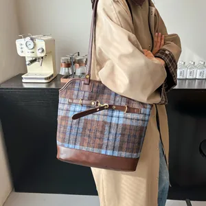 Retro plaid tote bag with brown leather straps and metal buckle for women