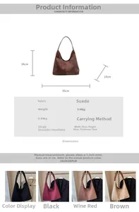 Size guide for faux suede shoulder bag showing dimensions 35x24x10cm and color options
