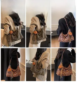 Detailed views of leopard print hobo bag with teddy bear charm and stylish shoulder straps
