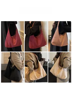 Multiple color options for large matte suede tote bags shown on fashion models