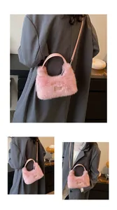 Detail of pink faux fur handbag showing plush texture and metallic brand label