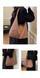Macro detail of dark brown suede shoulder bag with wide strap and minimalist slouchy texture