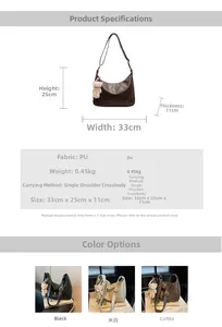 Detailed size diagram of half-moon PU shoulder bag showing dimensions and colors
