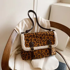 Dames Vintage Luipaardprint Schoudertas Luxe Faux Lamswol Bies Messenger Tas Suède Klep Crossbody Tas Met PU-Leren Riem