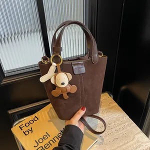 Vintage Suede Texture PU Leather Bucket Bag For Women Large Capacity Handbag Shoulder Crossbody Bag With Animal Charm