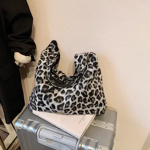Women Leopard Print Hobo Bag Plush Texture Tote Large Capacity Shoulder Bag With Bow Decoration Casual Street Handbag