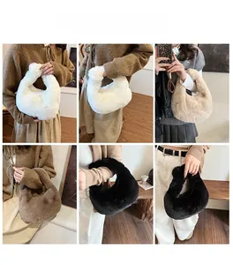 Collage of plush faux fur crescent bags in white, beige, coffee, and black colors
