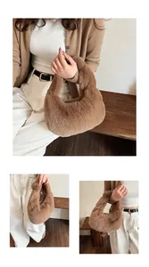 Close-up of caramel plush crescent handbag with soft faux fur and elegant curved handle