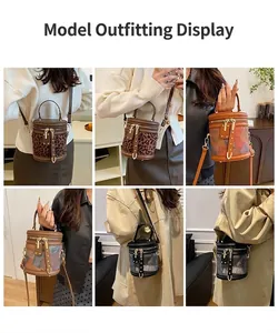 Detail view of stylish leopard and geometric bucket bags showing zipper and strap details