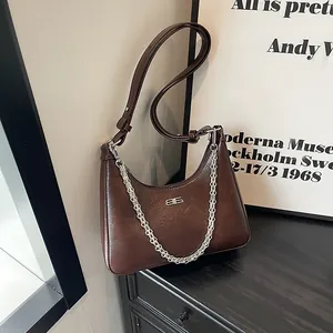 Fashion Crackle Pattern PU Leather Underarm Bag For Women Crescent Shoulder Bag With Metal Chain Simple Casual Hobo Bag