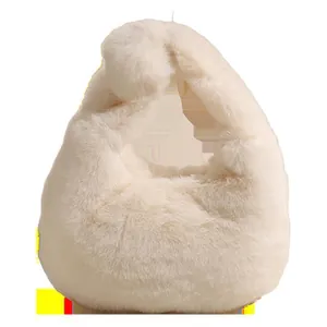 Chic off-white fluffy faux fur handbag for women with soft rounded top handle design